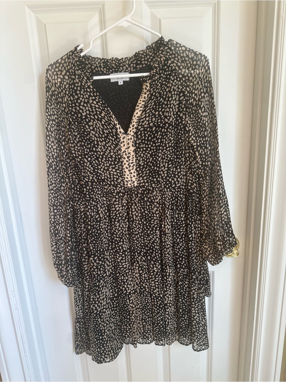Long Sleeve Black and Cream Printed Tiered Dress